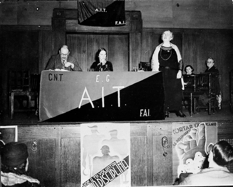Emma Goldman addressing National Federation of Labor meeting, 1937. Image via AP